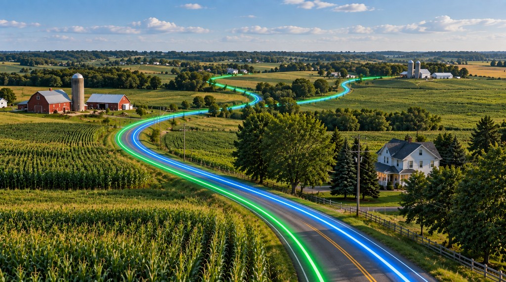Fiber routes connecting rural homes and farms.